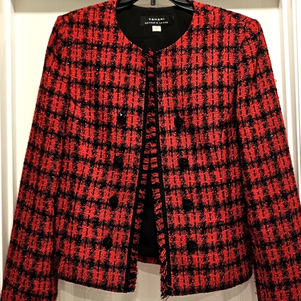 Red & Black Shimmer Tweed Tahari Jacket